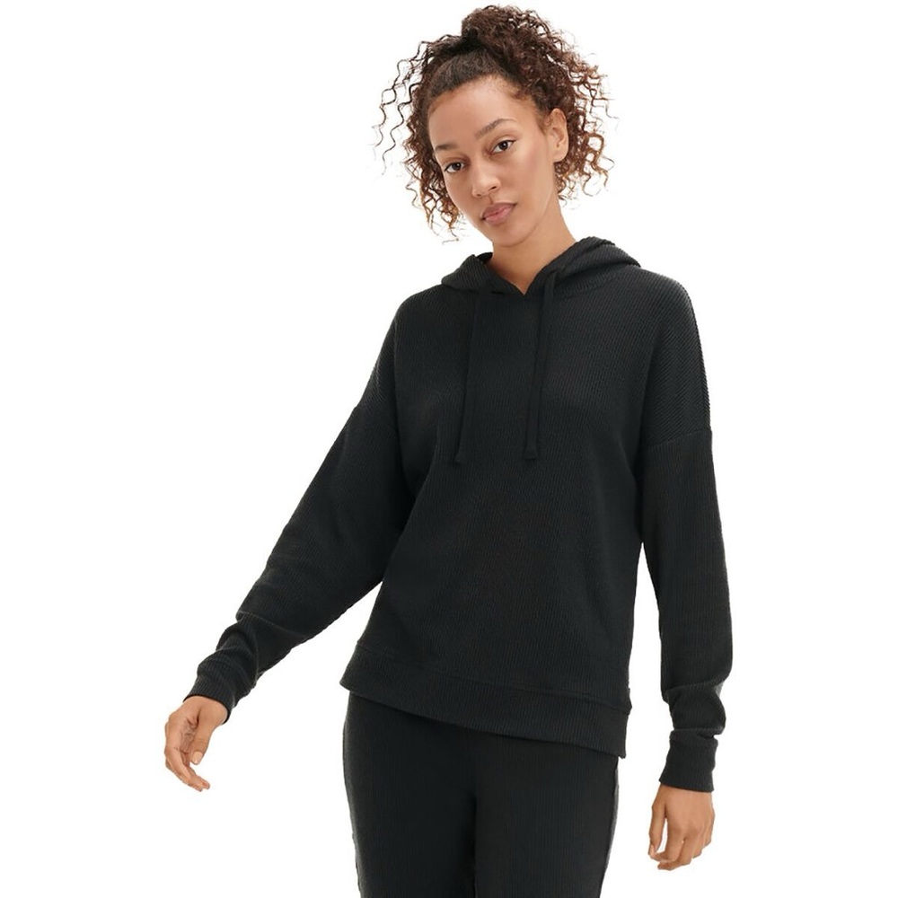 UGG Women's Kyree Ribbed Knit V Neck Hoodie Black Lounge Pullover Soft Size S